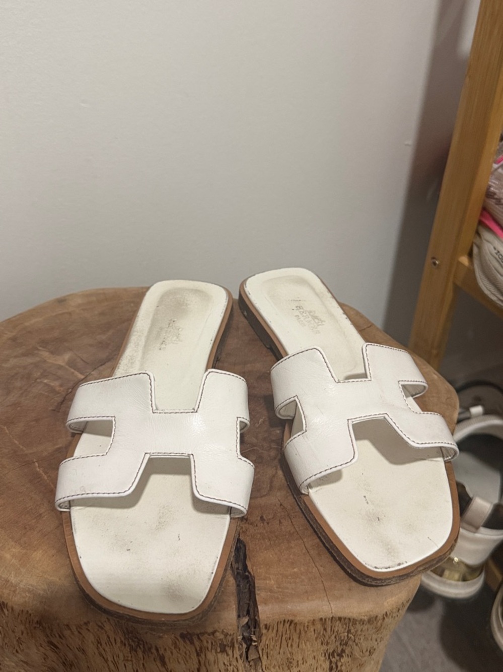 Hermes La Maison White H-Cut Leather Slide Sandals - Women
